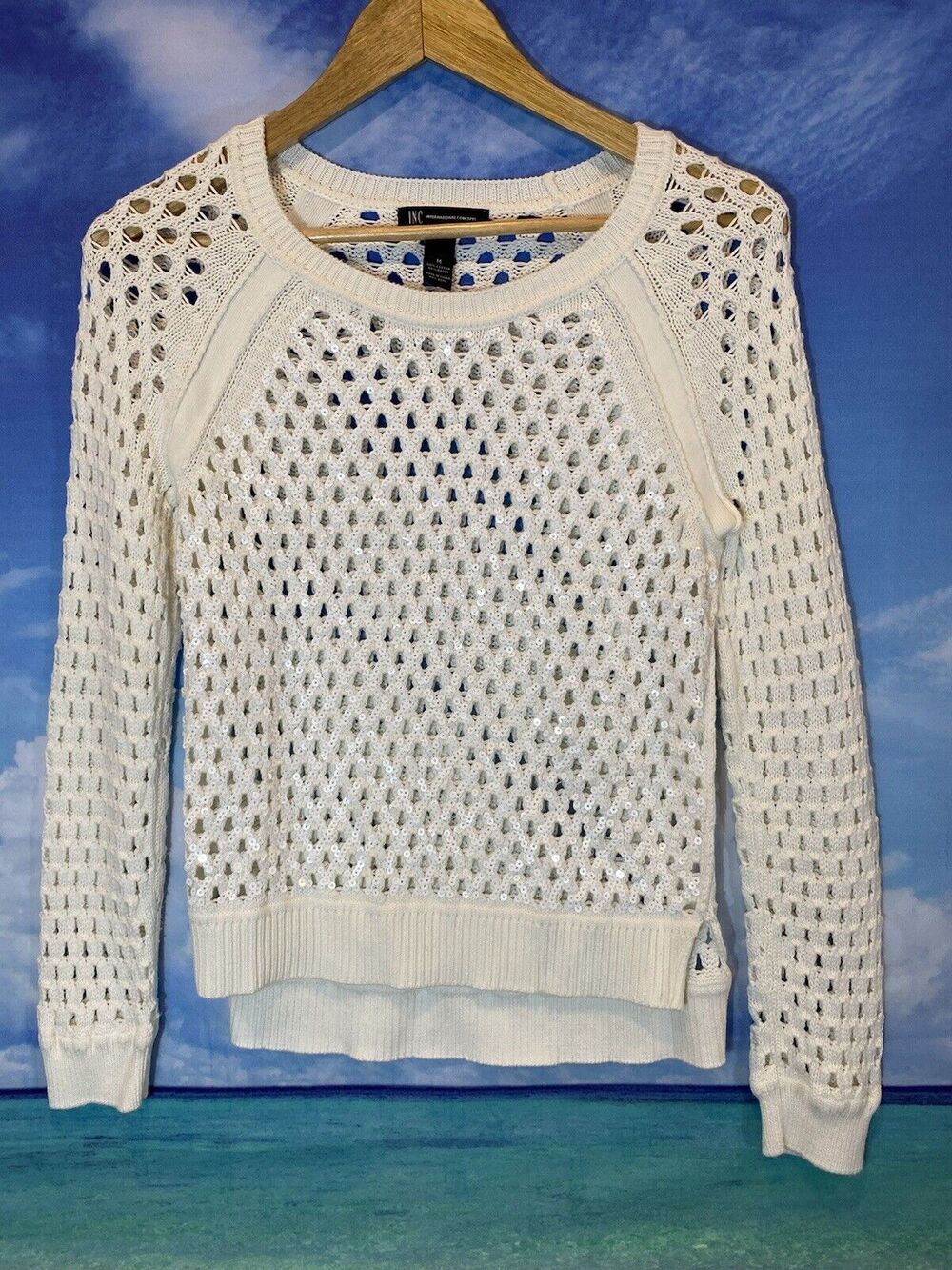 INC International Concepts White Crocheted Sequined Sweater Medium A22
